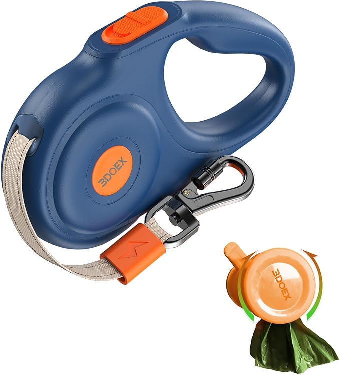 Retractable Dog Leash 10FT for Small & Medium Dogs, Sturdy Heavy-Duty Nylon Tape with Secure Locking Carabiner & Poop Bag Holder, Smooth One-Hand Control, Anti-Slip Handle, Tangle-Free Design (Blue)