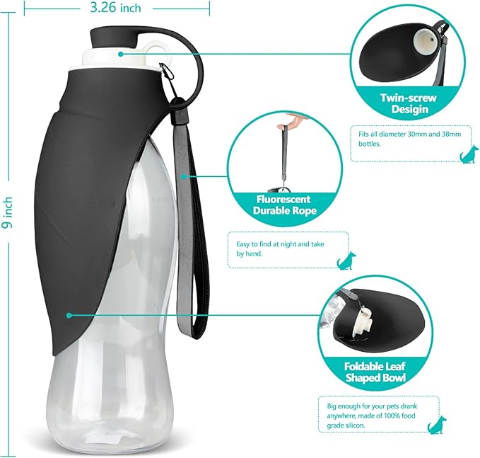TIOVERY Dog Water Bottle, Portable Pet Water Dispenser Feeder Leak Proof with Drinking Cup Dish Bowl for Outdoor Walking, Hiking, Travel, 20OZ Water Bottle Fit for Small to Large Dogs and Cats Black