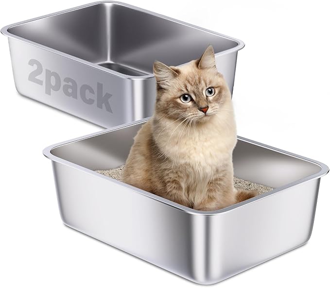 Stainless Steel Litter Box 2 Pack, 18"x14"x6" Medium Cat Litter Box Easy to Clean, Never Absorb Odor, Non Stick Metal Litterbox for Small to Medium Cats, Rabbits