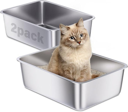 Stainless Steel Litter Box 2 Pack, 18"x14"x6" Medium Cat Litter Box Easy to Clean, Never Absorb Odor, Non Stick Metal Litterbox for Small to Medium Cats, Rabbits