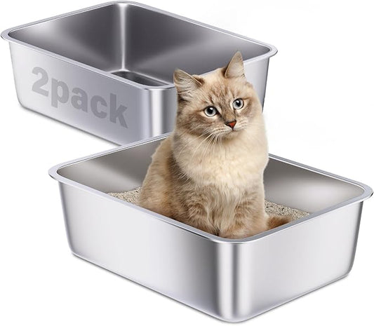 Stainless Steel Litter Box 2 Pack, 18"x14"x6" Medium Cat Litter Box Easy to Clean, Never Absorb Odor, Non Stick Metal Litterbox for Small to Medium Cats, Rabbits