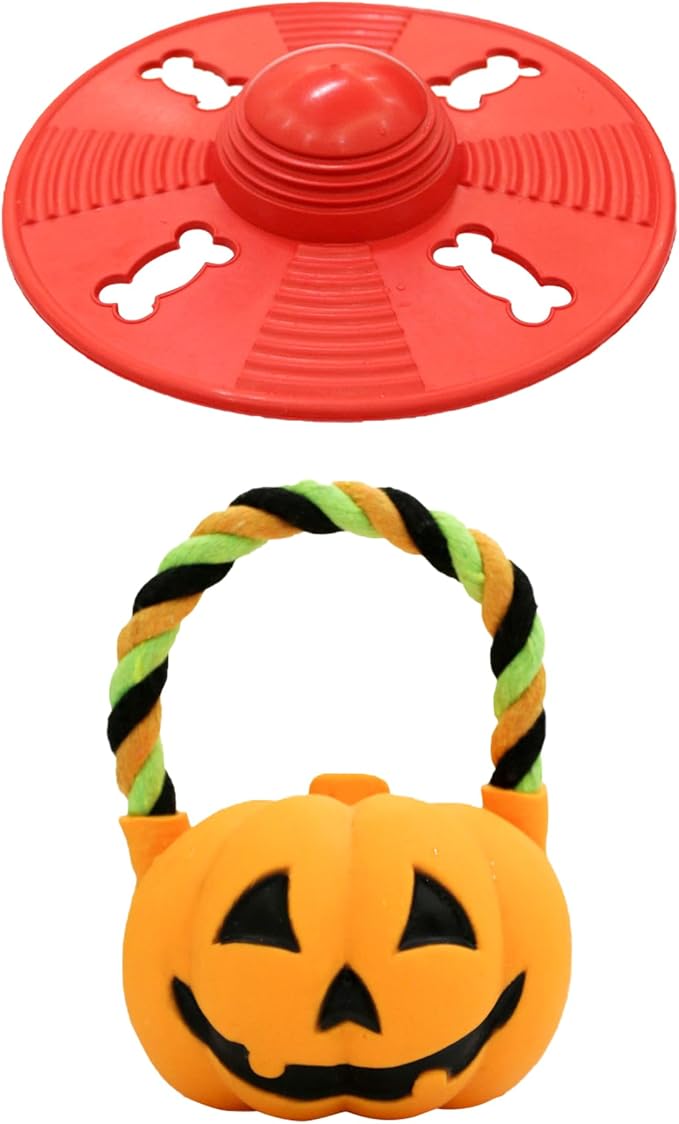 Deeow Alieen Dog Frisbee for Fetch and Orange Jack-o-Lantern Pet Toys, Teething Clean Outdoor Flying Disc and Halloween Pumpkin Pet Toy, Interactive Squeaky Dogs Toy for Water, Park, Beach Fun