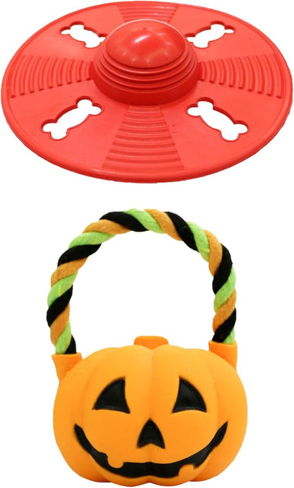Deeow Alieen Dog Frisbee for Fetch and Orange Jack-o-Lantern Pet Toys, Teething Clean Outdoor Flying Disc and Halloween Pumpkin Pet Toy, Interactive Squeaky Dogs Toy for Water, Park, Beach Fun