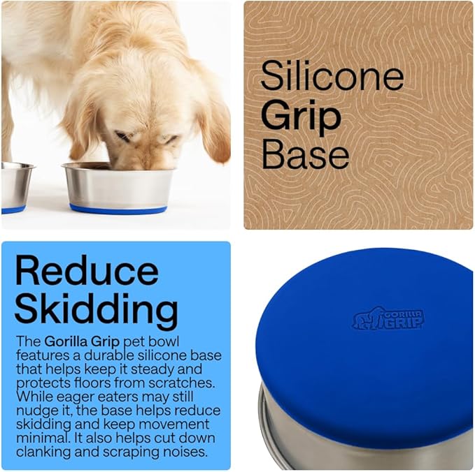 GORILLA GRIP Dog Bowls, Food Grade 304 Stainless Steel, Holds 4 Cups Each (32 fl oz) Food and Water Bowl for Feeding Dogs and Cats, Dishwasher Safe, Rust Resistant, BPA Free Rubber Base Set of 2 Blue