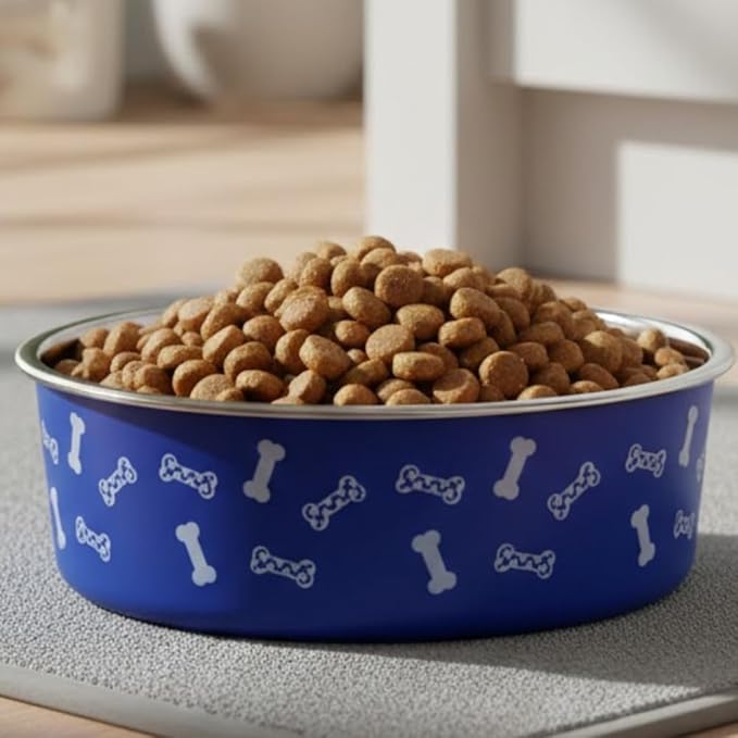 Anti-Skid Stainless Steel Dog Bowl with Anti-Skid Base, 32 fl oz | Food & Water Bowl for Small Dogs, Puppies & Cats, | Durable Pet Bowl, Blue Bone Print