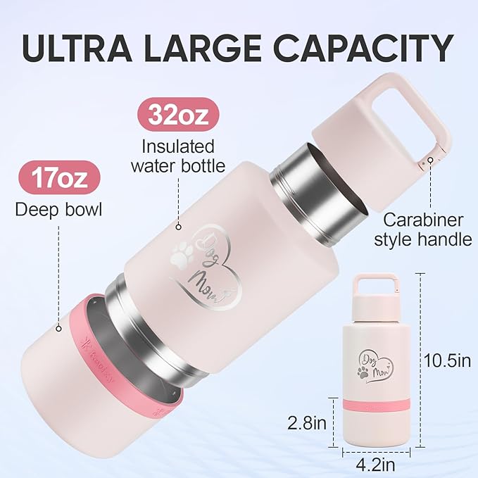 Dog Mom Gift, Insulated Dog Water Bottle with Travel Bowl, Women Christmas, Birthday for DogLover, Portable Water Bottle Dispenser, Accessories for Car, Camping, Outdoor, Detachable (DogMom-PalePink)