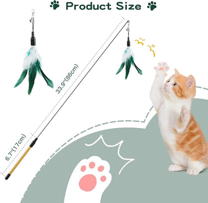 Pawaboo Feather Teaser Cat Toy, Interactive Feather Wand Cat Toy Flying Feather Cat Catcher with Extra Long 34.5" Wand and Small Bell, Fun Exerciser Playing Toy for Kitten or cat, White & Green
