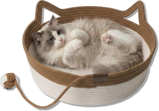 Handwoven Cat Basket with Toy Rope Ball, Foldable Scratchable Cat Hammock Bed, Breathable Cat Basket for Indoor Play Rest Sleeping (Brown)