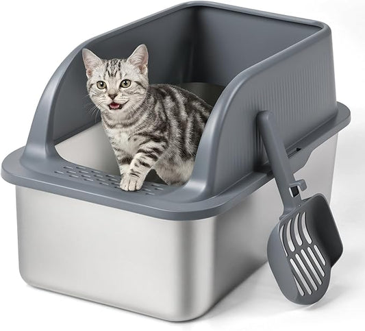 Stainless Steel Cat Litter Box with High Sided Lid, Metal Kitty Litter Box with Scoop for Small & Medium Cats, Anti-Urine Leakage, Easy to Clean, Non-Sticky, Grey