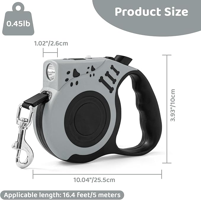 16FT Retractable Dog Leash with LED Flashlight for Night Walking, USB Rechargeable Hands-Free Leash for Small Medium Dogs, Automatic Locking & Extending, Grey