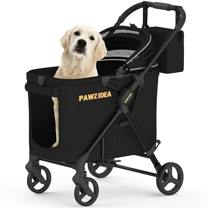 PAWZIDEA Large Dog Stroller up to 80 lbs, No-Zip 180° Reversible Canopy Lockable, Lightweight Pet Stroller for 2 Medium Dogs, One-Hand Foldable, Low-Entry, All-Terrain Jogger Wheels, Storage Organizer