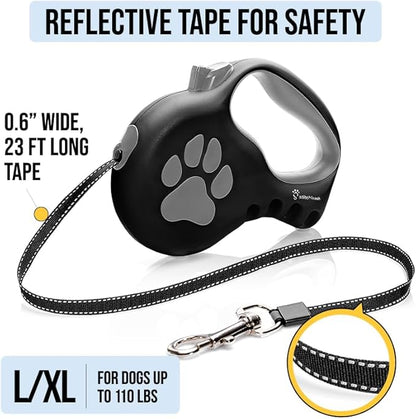 Award-Winning Retractable Dog Leash for Large and Extra Large Dogs (Max 110 lbs) Clip & Go System, Reflective Tape and Ergonomic Handle Includes Clips Poop Bag Holder and Dispenser Black