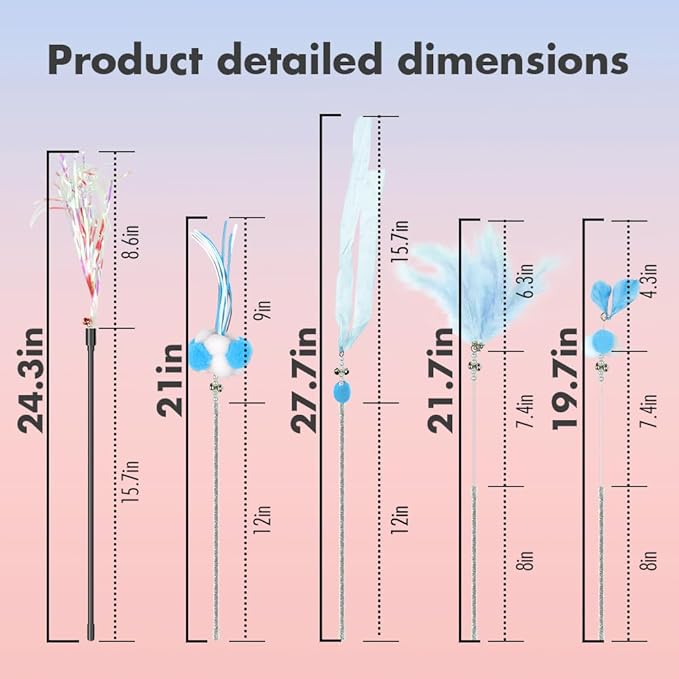 Cat Wand Toys, 5Pcs Interactive Kitten Feather Wand Toys for Bored Indoor Cats, Cat Teaser Wand with Bell and Crinkly Paper, Blue