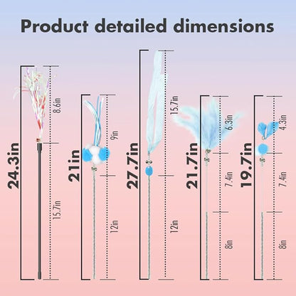 Cat Wand Toys, 5Pcs Interactive Kitten Feather Wand Toys for Bored Indoor Cats, Cat Teaser Wand with Bell and Crinkly Paper, Blue