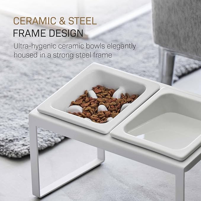 Yamazaki Home Slow Feeder Ceramic Pet Bowl with Elevated Stand – Small, Ceramic Bowl Set with Anti-Choking Puzzle for Cats and Small Dogs, Angled Design, White - 0.75 Cups, 180 ml