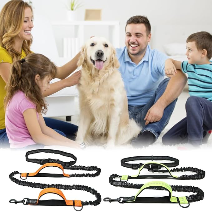 Hands Free Dog Running Leash, Pet Leash Outdoor Running Reflective with Adjustable Waist Belt, Near Far Double Handle, Dog Chain Leash for Walking, Jogging and Running (Green)