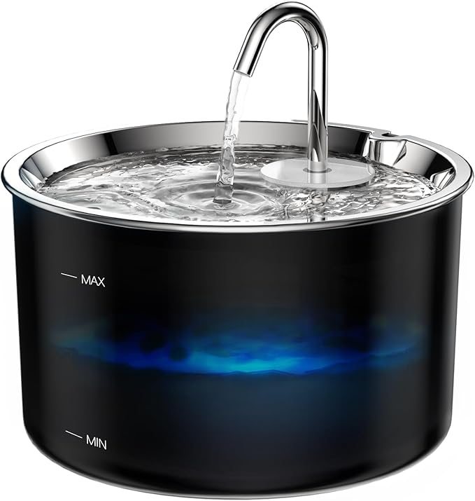 Cat Water Fountain Stainless Steel Lid, Corded 3L/101oz Pet Water Fountain, Dog Waterer with Quiet Pump and 4-Layer Filtration for Cats and Dogs