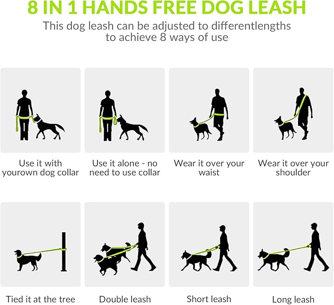 8.2ft Hands Free Dog Leash,Versatile Waist & Crossbody Lead for Medium Dogs,Waterproof & Adjustable for Running Jogging Walking, 360° Swivel Metal Buckle (Green)