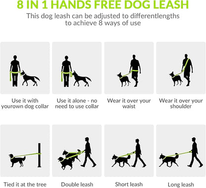 8.2ft Hands Free Dog Leash,Versatile Waist & Crossbody Lead for Medium Dogs,Waterproof & Adjustable for Running Jogging Walking, 360° Swivel Metal Buckle (Green)