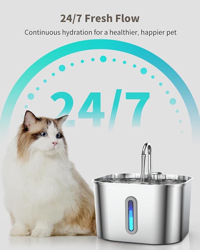 Cat Water Fountain Stainless Steel with 4 Filters & 4 Sponges, 74oz/2.2L Cat Fountain with Quiet Pump, Automatic Pet Water Dispenser, Ideal for Multi-pet Homes, Fresh & Clean Water for Cats and Dogs