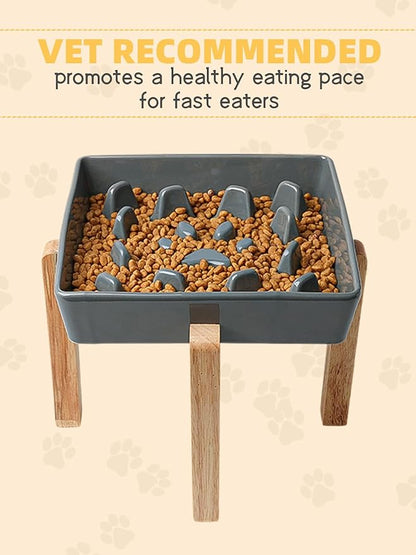 GDCZ Dog Slow Feeder Bowls, Square Ceramic Pet Food Bowl for Medium Breed, Fun Dog Bowls to Slow Down Eating (Grey, M-1.8 Cups+Stand)
