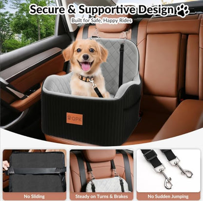 Dog Booster Car Seat for Small & Medium Dogs Up to 35 lbs, 6" Elevated Pet Car Seat with Safety Leash, High-Support Foam, Non-Slip Bottom, Fits Front & Back Seat, Washable Cover