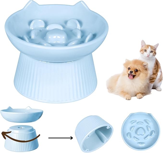 Unbreakable Raised Slow Feeder Bowl for Cats and Small Dogs, Elevated Cat Bowls, Detachable Slow Feede Bowl, Heavy Weighted, Non-Slip Feeder, Dry & Wet Food, Whisker Friendly (Blue; 6.2'')