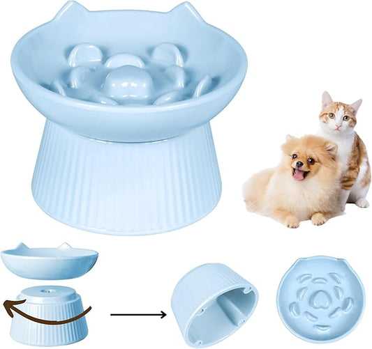Unbreakable Raised Slow Feeder Bowl for Cats and Small Dogs, Elevated Cat Bowls, Detachable Slow Feede Bowl, Heavy Weighted, Non-Slip Feeder, Dry & Wet Food, Whisker Friendly (Blue; 6.2'')