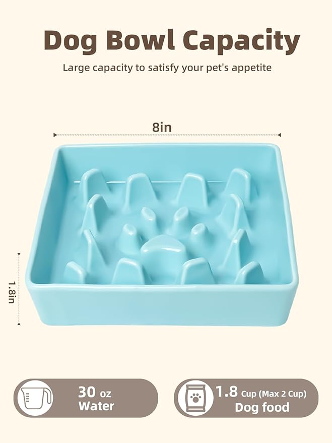 GDCZ Dog Slow Feeder Bowls, Square Ceramic Pet Food Bowl for Medium Breed, Fun Dog Bowls to Slow Down Eating (Turquoise, M-1.8 Cups)