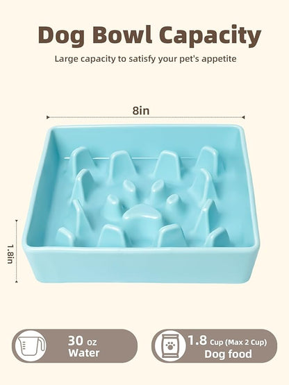 GDCZ Dog Slow Feeder Bowls, Square Ceramic Pet Food Bowl for Medium Breed, Fun Dog Bowls to Slow Down Eating (Turquoise, M-1.8 Cups)