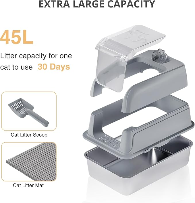 Stainless Steel Cat Litter Box Fully Enclosed, Extra Large Metal High Sided Cat Box with 120° Fully Transparent See-Through Flip Lid, Scoop & Mat - Grey - XL