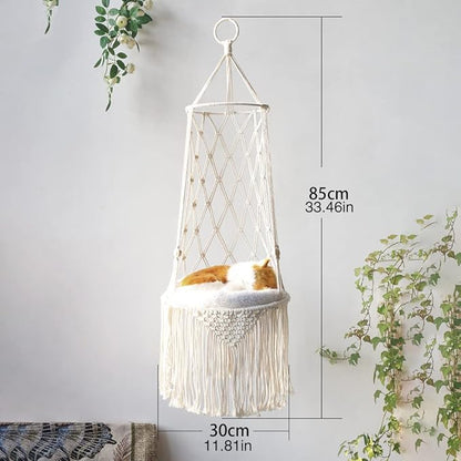 Macrame Cat Hammock Bed, Hanging Indoor Cat Bed, Ceiling Catio Swing for Playing Sleeping Climbing and Lounging