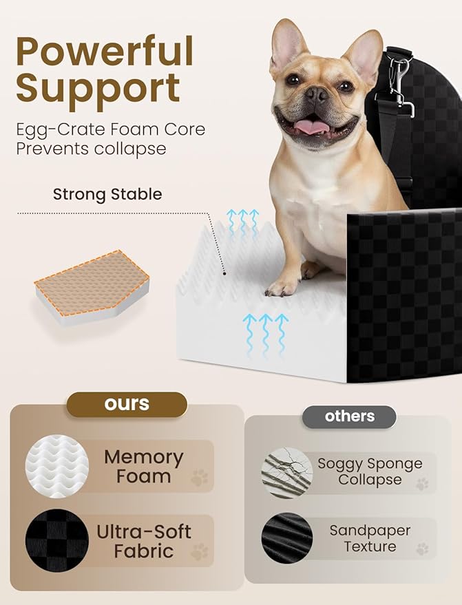 Dog Car Seat for Small/Medium Dogs Up to 35 lbs, Elevated Memory Foam Dog Booster Seat with 2 Safety Belts, Travel Safety Pet Car Seat with Detachable Washable Cover and Storage Pockets (Black/Black)