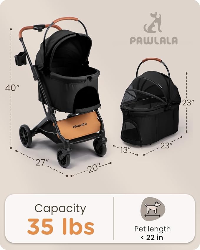 Pet Stroller with Detachable Carrier for Small, Medium Dogs & Cats, Lightweight Foldable Design, Travel-Ready, Compact Storage (Midnight Black)