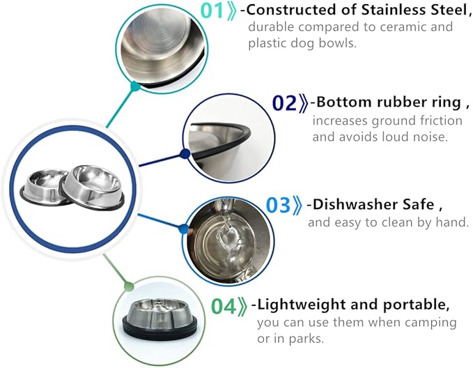 2 Pack Stainless Steel Dog Bowls with Rubber Bottom,Anti-Slip Heavy Duty Premium Quality Pets Feeder Bowls for Dogs and Cats and More (¾Cup / 6oz)