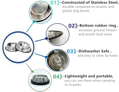 2 Pack Stainless Steel Dog Bowls with Rubber Bottom, Non Skid Non Spill Heavy Duty Premium Quality Pets Feeder Bowls for Dogs and Cats and More (3.5Cup / 28oz)