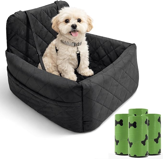 Small Dog Car Seat & Medium Dogs with 4 Rolls of Poo Bags, Booster Seat with Detachable Washable Cover, Travel-Safe with Safety Belts & Storage Pockets, Made with Soft Cotton & Durable Polyester