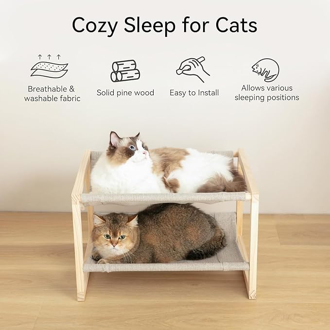 Cat Bed, Double-Layer Wooden Cat Hammock for Indoor/Outdoor, Elevated Small Dog Bed, Made of Natural Materials, Breathable, Comfortable, Sturdy & Durable