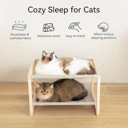 Cat Bed, Double-Layer Wooden Cat Hammock for Indoor/Outdoor, Elevated Small Dog Bed, Made of Natural Materials, Breathable, Comfortable, Sturdy & Durable