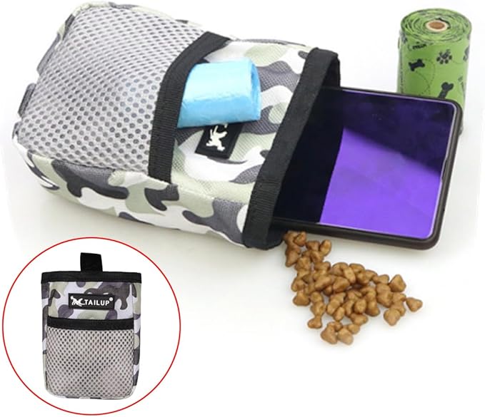 Camouflage Dog Treat Pouch with Belt Clip Waterproof Pet Training Bag, Hands-Free Snack Pouch for Dog Training, Walks & Outdoor Use, Easy-Access for Treats, Clickers & Poop Bags