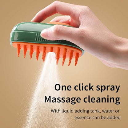 3-in-1 Self-Cleaning Steamy Cat Rechargeable Silicone Pet Brush for Massage, Removing Tangles and Loose Hair (Avocado/Orange)