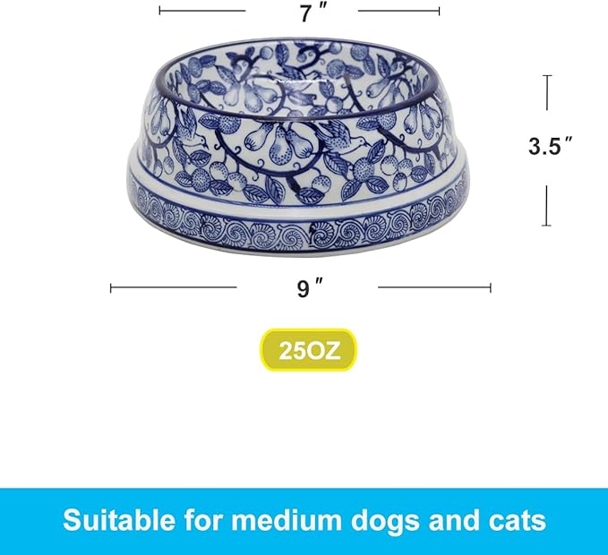 Aimusego Blue and White Ceramic Dog Bowl, Gifts for Pet Owners, Dog Gift, Anti-Skid Base Medium Large Water and Food Pet Cat Dish-9inch