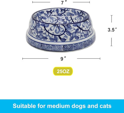 Aimusego Blue and White Ceramic Dog Bowl, Gifts for Pet Owners, Dog Gift, Anti-Skid Base Medium Large Water and Food Pet Cat Dish-9inch