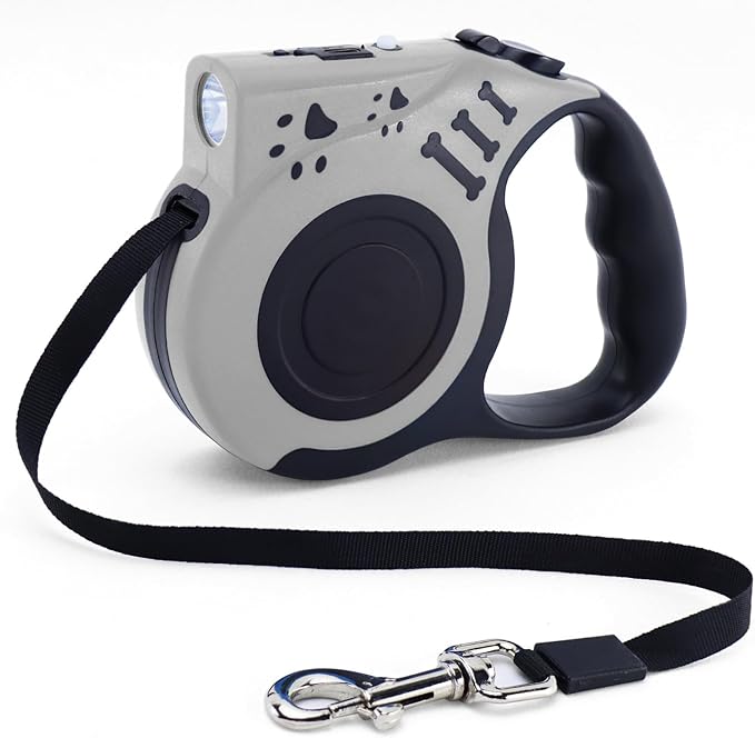 16FT Retractable Dog Leash with LED Flashlight for Night Walking, USB Rechargeable Hands-Free Leash for Small Medium Dogs, Automatic Locking & Extending, Grey
