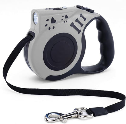16FT Retractable Dog Leash with LED Flashlight for Night Walking, USB Rechargeable Hands-Free Leash for Small Medium Dogs, Automatic Locking & Extending, Grey