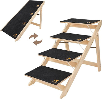 Luciphia Wooden Dog Stairs for Small Dogs 2-in-1 Foldable Dog Steps for Beds Cars Couch Anti-Slip Pet Ramp with 4 Steps Indoor Pet Stairs for Medium Large Older Pets Cats up to 220lbs