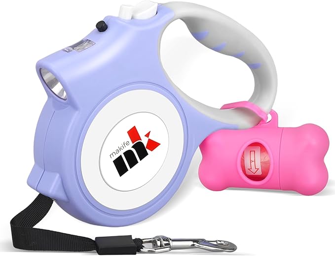 Retractable Dog Leash with LED Light Makife 5m Extendable Dog Lead for Small Medium Puppis up to 25kgs, One-Hand Brake & Lock System, Ergonomic Handle - Purple