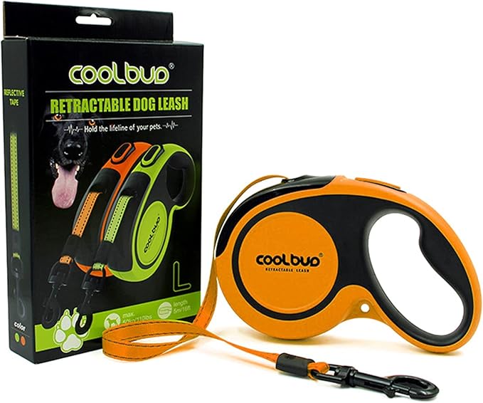360° Tangle-Free, Heavy Duty Retractable Dog Leash with Anti-Slip Handle; 16 ft Reflective Strong Nylon Tape; for Large Dog or Cat up to 110 lbs; One-Handed Brake, Pause, Lock (Orange, Large)