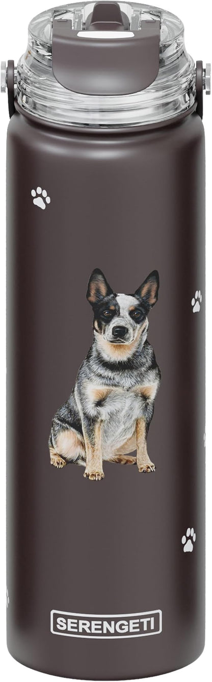 SERENGETI 24 Oz Water Bottle Stainless Steel with Spill Proof Lid - Double walled Vacuum Insulated water flask - Realistic 3D Print of your favorite dog (Australian Cattle Dog)