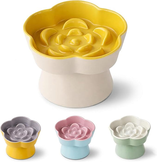 Ceramic Elevated Slow Feeder Cat Bowl, Raised and Gently Tilted Feeding Dish with Maze Design, Whisker-Friendly, Easy to Clean, for Indoor Cats and Small Dogs (Beige/Yellow)